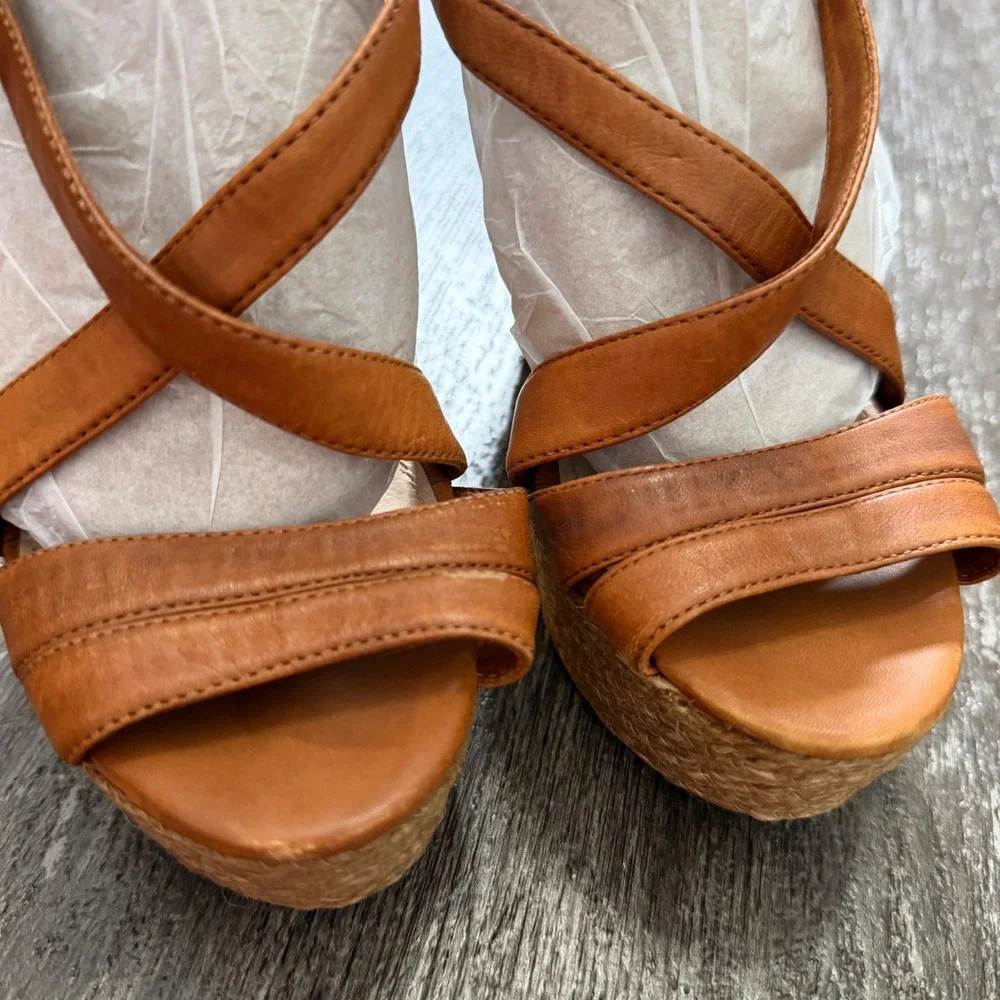 Miu Miu Brown Leather Espadrille Wedge Sandals Gold Accent Heel 34.5 EU / 4.5 US